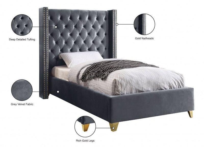 Barolo Velvet Twin Bed Grey - Gate FurnitureTwin Bed