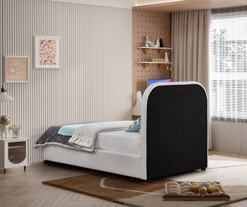 Blake Two Tone Vegan Leather and Linen Textured Fabric Twin Bed Brown - Gate FurnitureTwin Bed