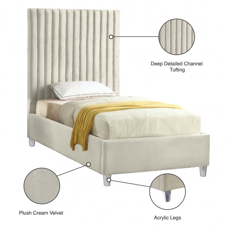 Candace Velvet Twin Bed Cream - Gate FurnitureTwin Bed