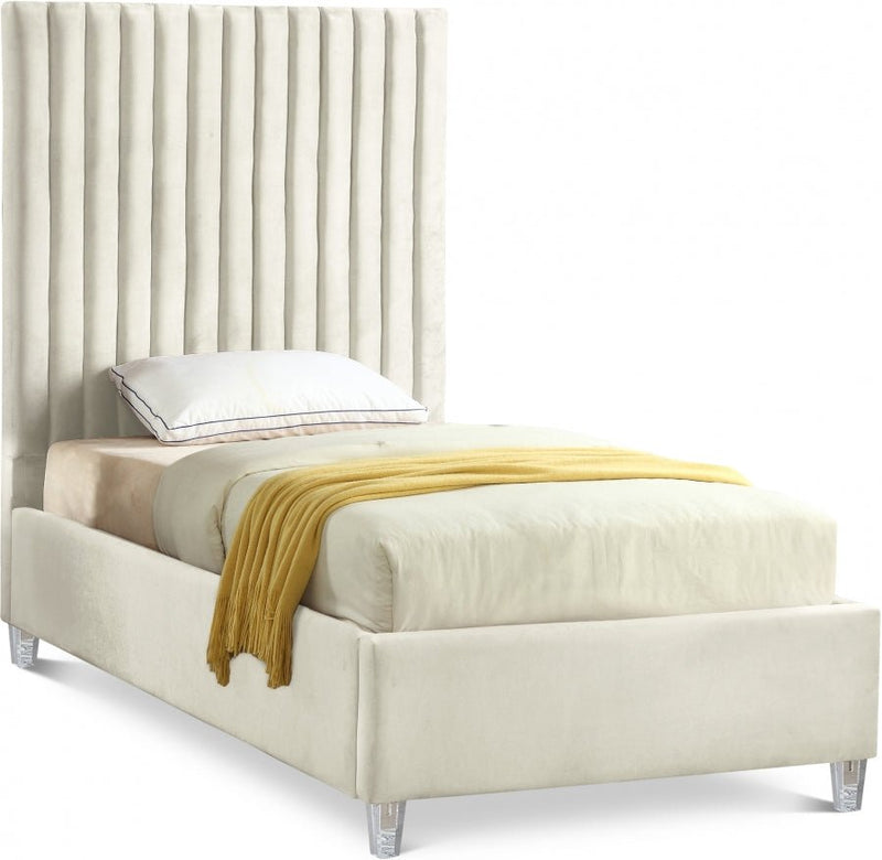 Candace Velvet Twin Bed Cream - Gate FurnitureTwin Bed