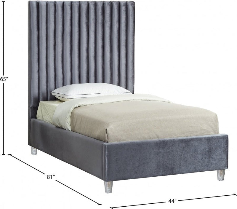Candace Velvet Twin Bed Grey - Gate FurnitureTwin Bed