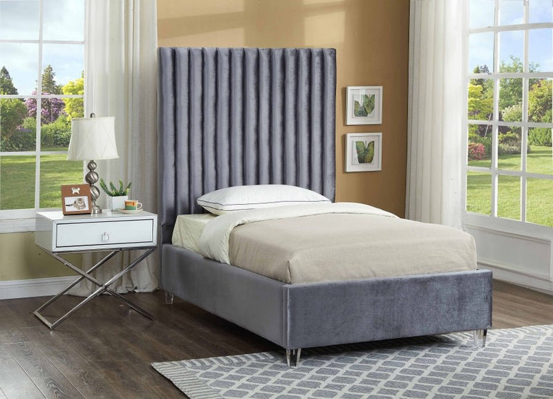 Candace Velvet Twin Bed Grey - Gate FurnitureTwin Bed