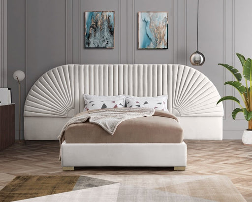 Cleo Velvet Queen Bed (3 Boxes) Cream - Gate FurnitureQueen Bed