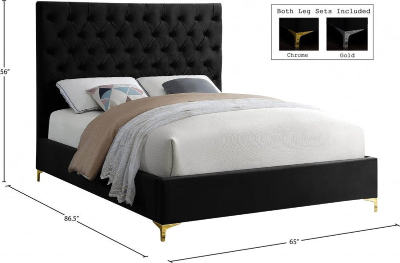 Cruz Velvet Queen Bed Black - Gate FurnitureQueen Bed