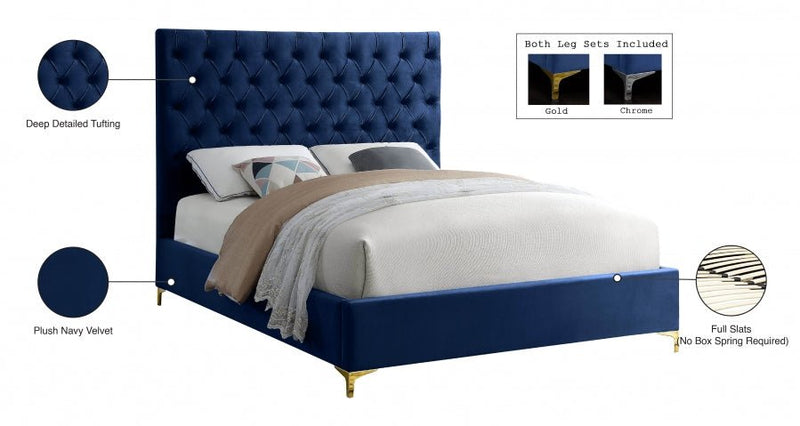 Cruz Velvet Queen Bed Blue - Gate FurnitureQueen Bed