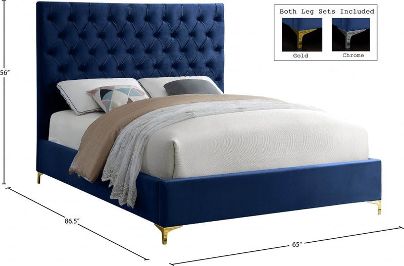 Cruz Velvet Queen Bed Blue - Gate FurnitureQueen Bed