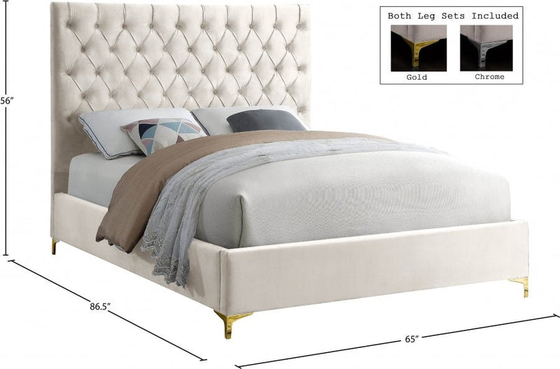 Cruz Velvet Queen Bed Cream - Gate FurnitureQueen Bed
