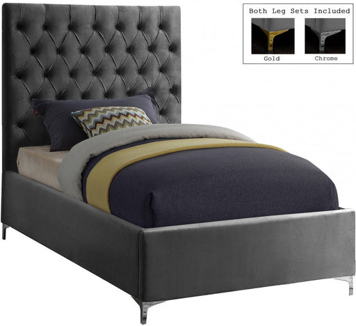 Cruz Velvet Twin Bed Grey - Gate FurnitureTwin Bed