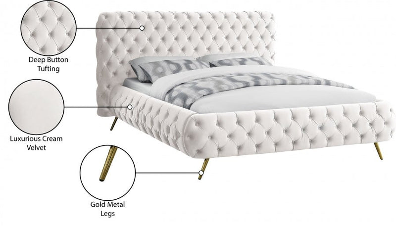 Delano Velvet Queen Bed Cream - Gate FurnitureQueen Bed