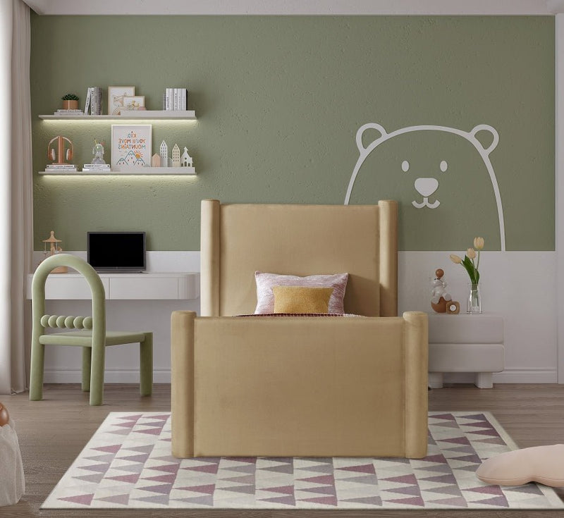 Elias Velvet Twin Bed Camel - Gate FurnitureTwin Bed
