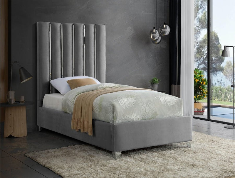 Enzo Velvet Twin Bed Grey - Gate FurnitureTwin Bed