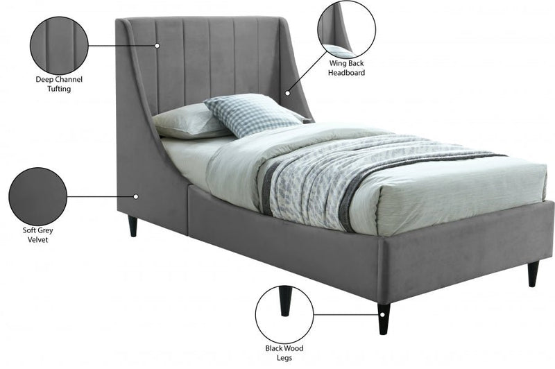 Eva Velvet Twin Bed Grey - Gate FurnitureTwin Bed