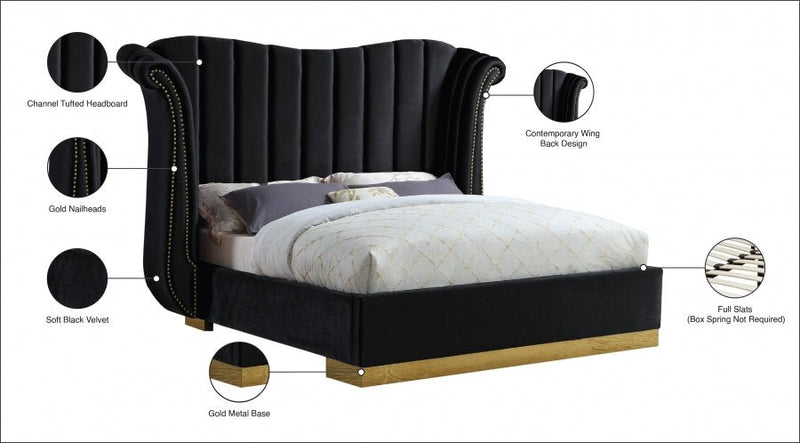 Flora Velvet King Bed (3 Boxes) Black - Gate FurnitureKing Bed