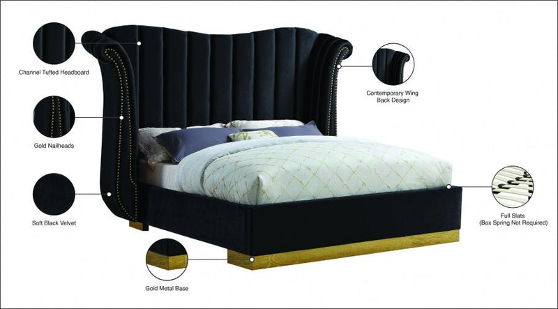 Flora Velvet Queen Bed (3 Boxes) Black - Gate FurnitureQueen Bed
