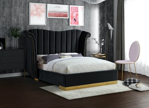 Flora Velvet Queen Bed (3 Boxes) Black - Gate FurnitureQueen Bed