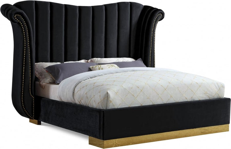 Flora Velvet Queen Bed (3 Boxes) Black - Gate FurnitureQueen Bed
