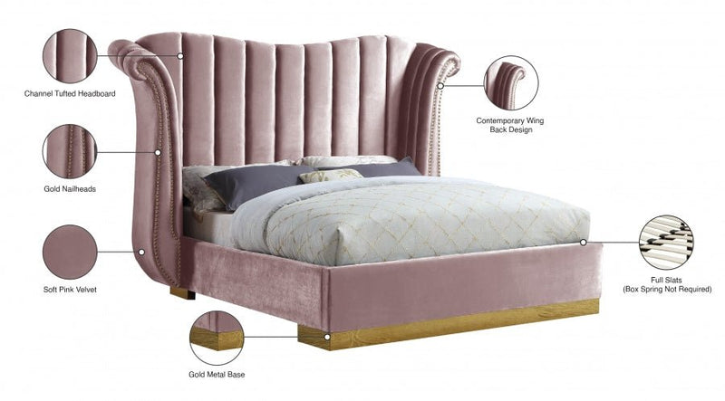Flora Velvet Queen Bed (3 Boxes) Pink - Gate FurnitureQueen Bed
