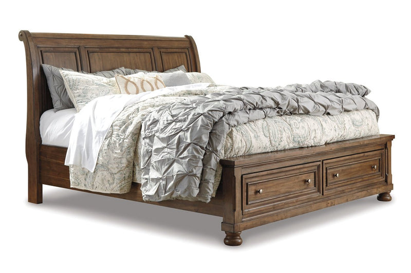 Flynnter Medium Brown Queen Sleigh Bed with 2 Storage Drawers - Gate FurnitureQueen Bed