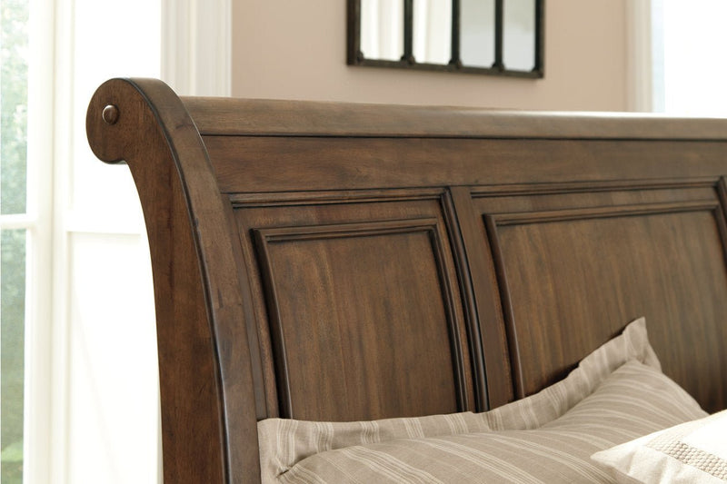 Flynnter Medium Brown Queen Sleigh Bed with 2 Storage Drawers - Gate FurnitureQueen Bed