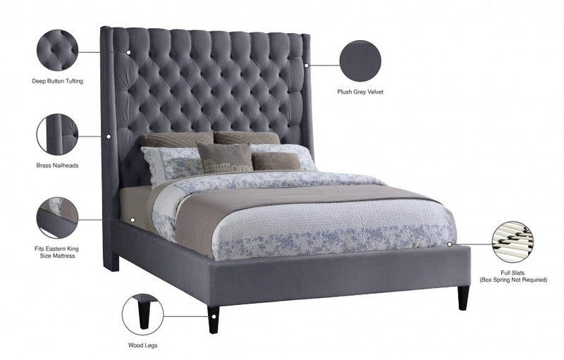 Fritz Velvet King Bed Grey - Gate FurnitureKing Bed