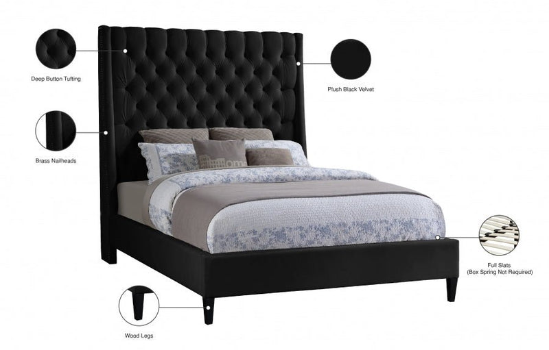 Fritz Velvet Queen Bed Black - Gate FurnitureQueen Bed