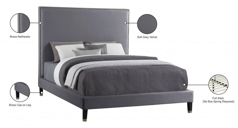 Harlie Velvet King Bed Grey - Gate FurnitureKing Bed