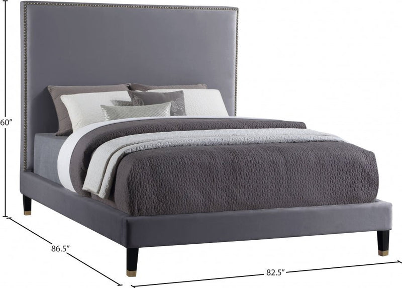 Harlie Velvet King Bed Grey - Gate FurnitureKing Bed