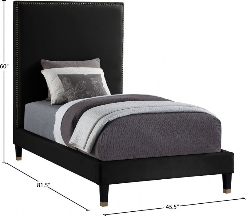 Harlie Velvet Twin Bed Black - Gate FurnitureTwin Bed