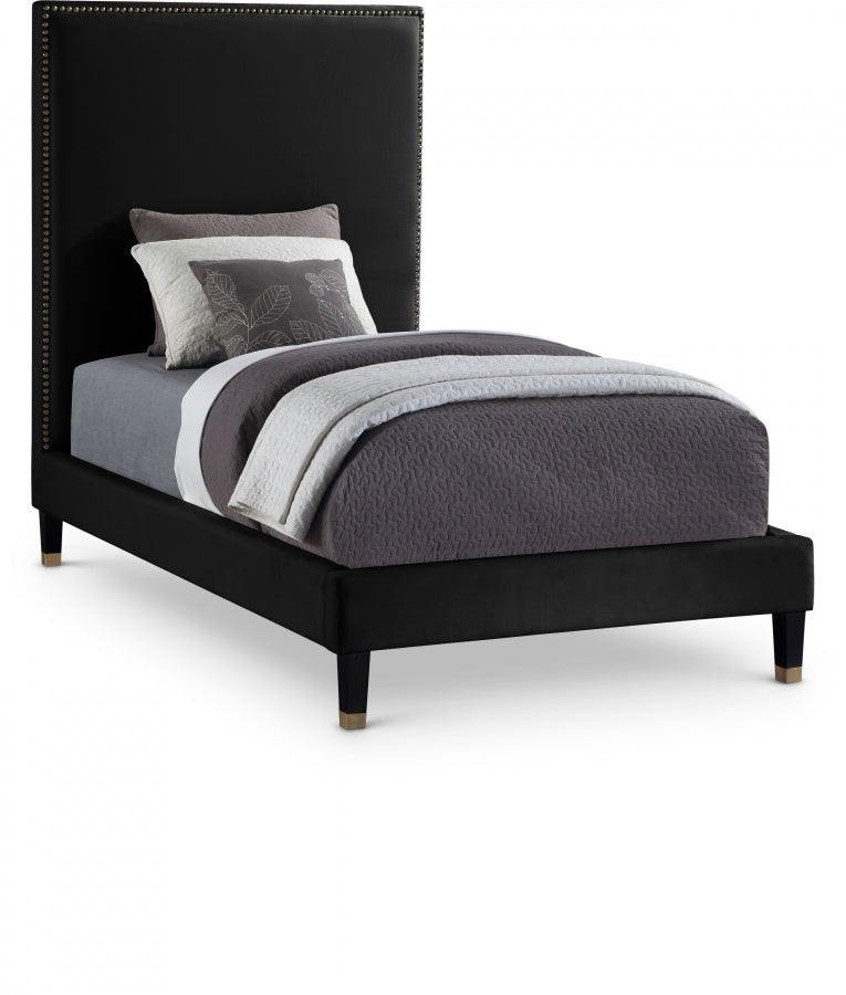 Harlie Velvet Twin Bed Black - Gate FurnitureTwin Bed