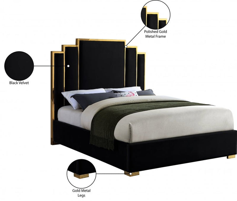 Hugo Velvet Queen Bed Black - Gate FurnitureQueen Bed