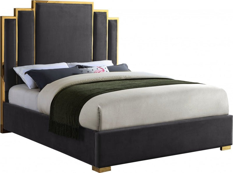 Hugo Velvet Queen Bed Grey - Gate FurnitureQueen Bed