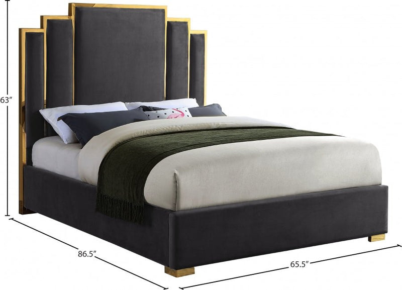 Hugo Velvet Queen Bed Grey - Gate FurnitureQueen Bed