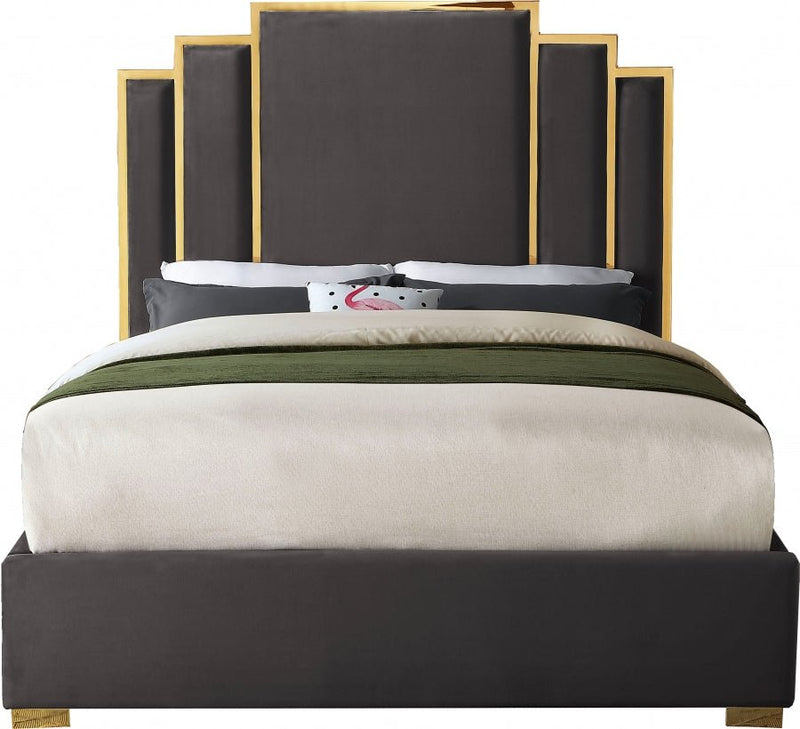 Hugo Velvet Queen Bed Grey - Gate FurnitureQueen Bed