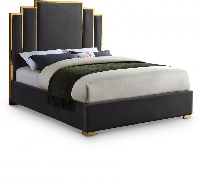 Hugo Velvet Queen Bed Grey - Gate FurnitureQueen Bed