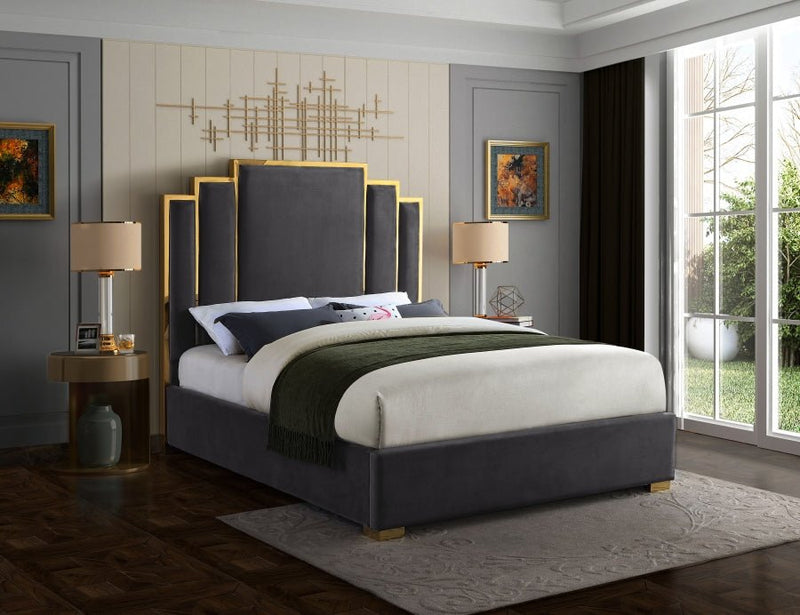 Hugo Velvet Queen Bed Grey - Gate FurnitureQueen Bed
