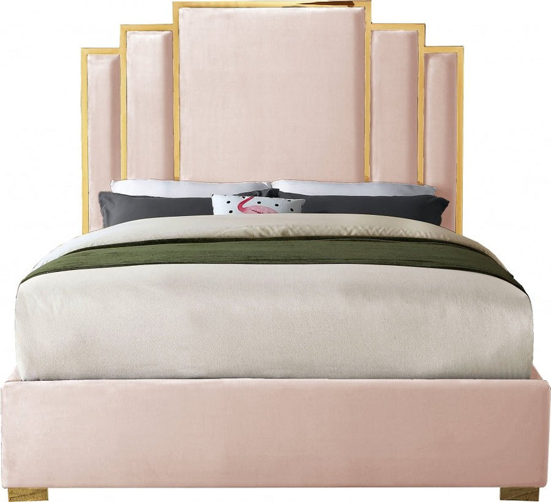 Hugo Velvet Queen Bed Pink - Gate FurnitureQueen Bed