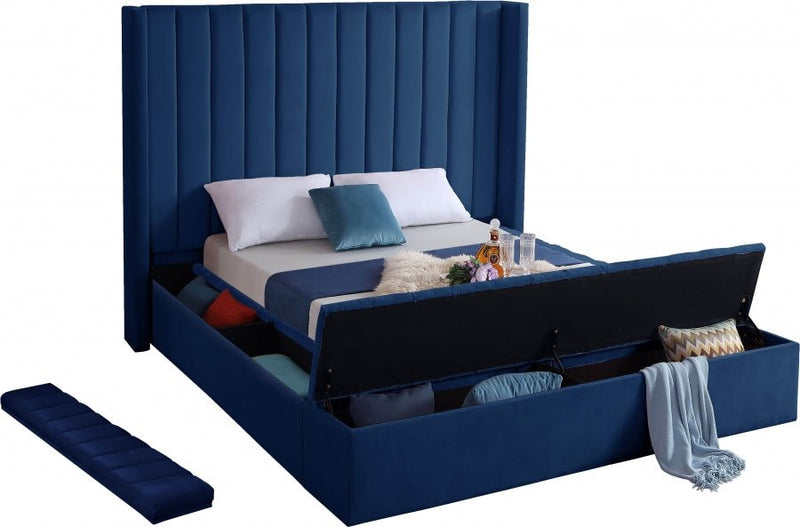 Kiki Velvet Queen Bed (3 Boxes) Blue - Gate FurnitureQueen Bed