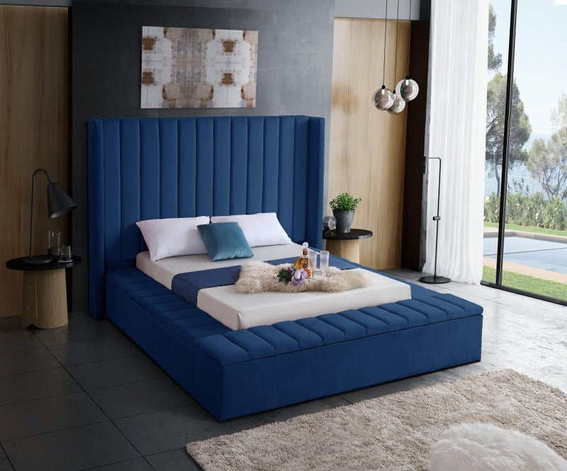 Kiki Velvet Queen Bed (3 Boxes) Blue - Gate FurnitureQueen Bed