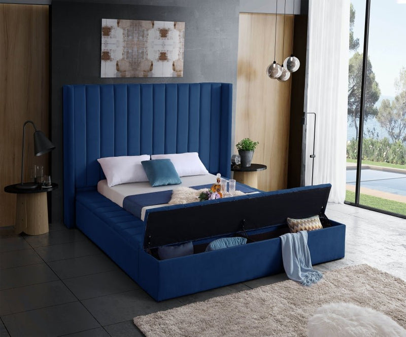 Kiki Velvet Queen Bed (3 Boxes) Blue - Gate FurnitureQueen Bed