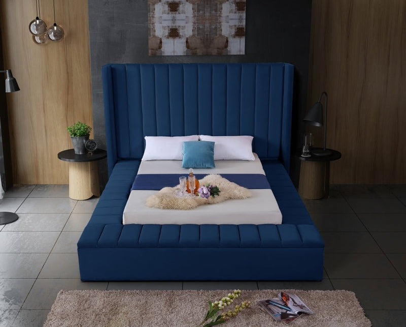 Kiki Velvet Queen Bed (3 Boxes) Blue - Gate FurnitureQueen Bed