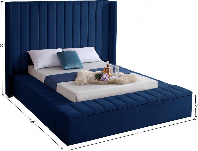 Kiki Velvet Queen Bed (3 Boxes) Blue - Gate FurnitureQueen Bed