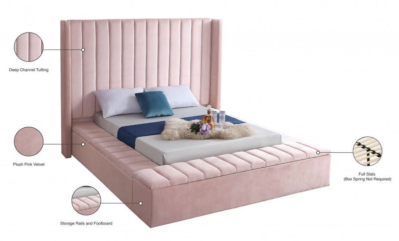 Kiki Velvet Queen Bed (3 Boxes) Pink - Gate FurnitureQueen Bed