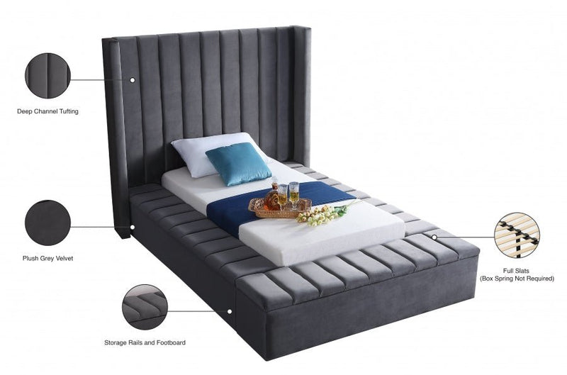 Kiki Velvet Twin Bed (3 Boxes) Grey - Gate FurnitureTwin Bed
