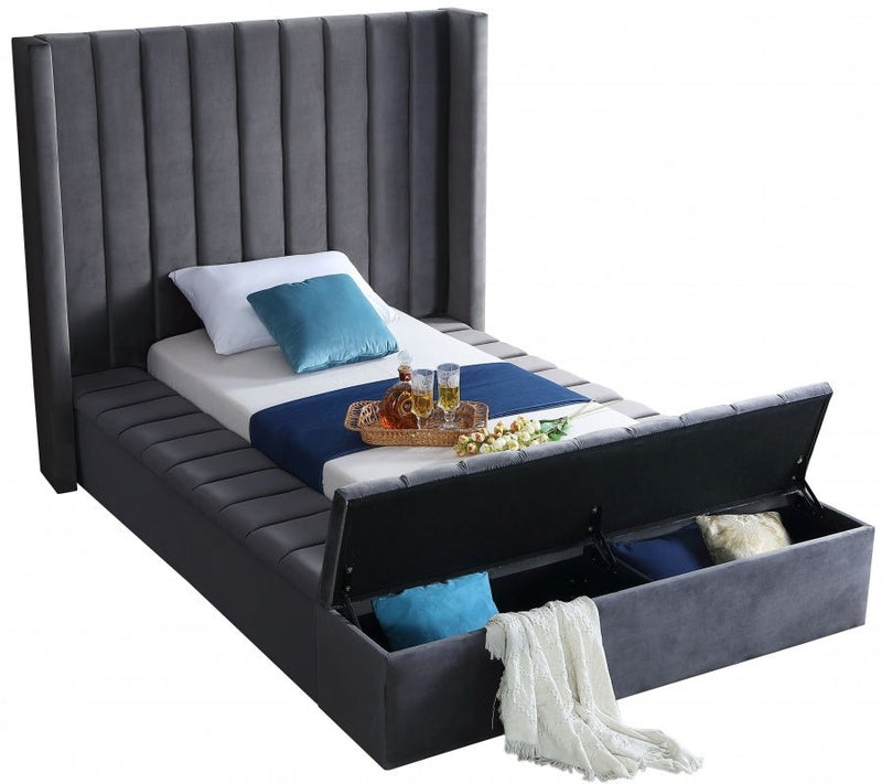Kiki Velvet Twin Bed (3 Boxes) Grey - Gate FurnitureTwin Bed