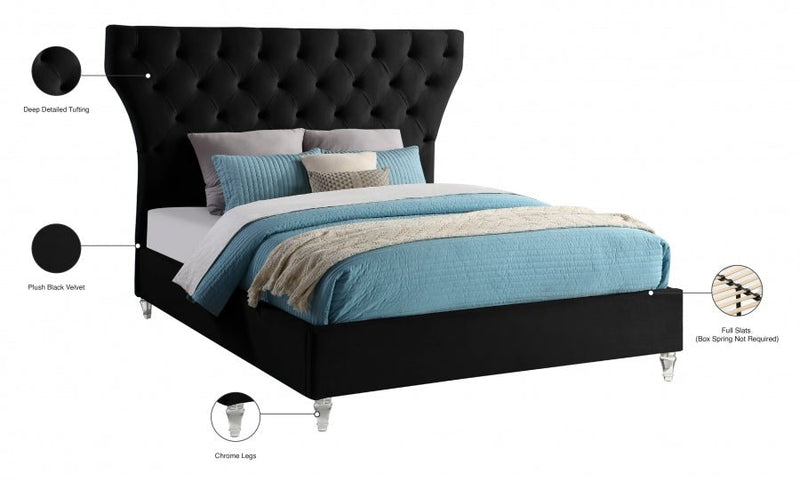 Kira Velvet Queen Bed Black - Gate FurnitureQueen Bed