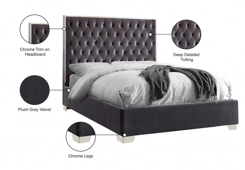 Lexi Velvet King Bed Grey - Gate FurnitureKing Bed