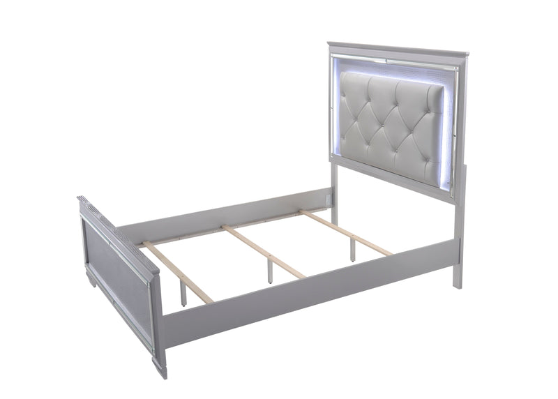 Lillian Silver Queen LED Upholestered Bed - Gate FurnitureQueen Bed
