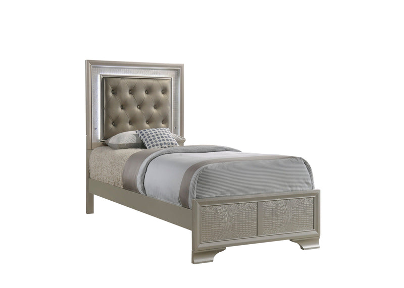 Lyssa Champagne Twin LED Upholstered Panel Bed - Gate FurnitureTwin Bed