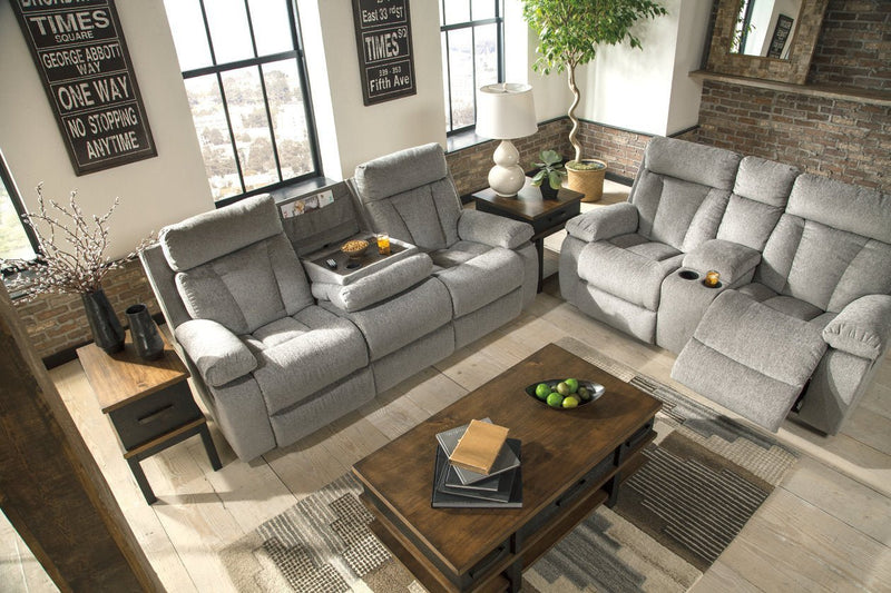Mitchiner Fog Reclining Loveseat with Console - Gate FurnitureLoveseat