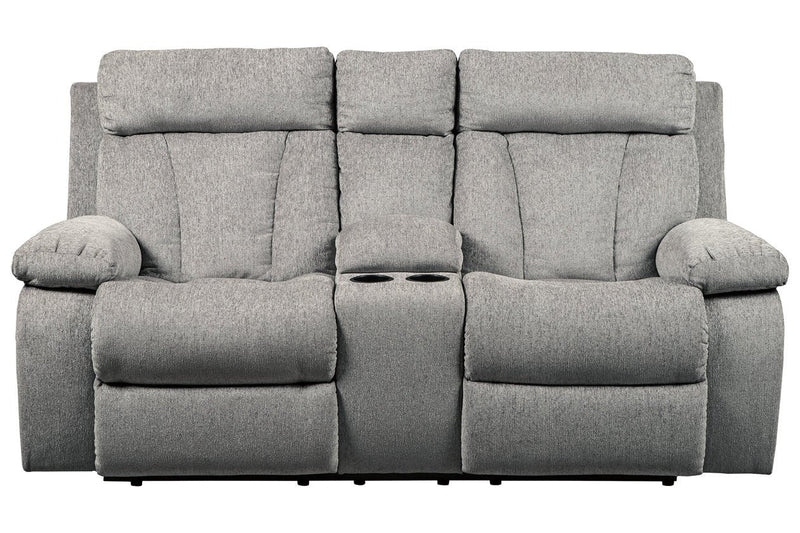 Mitchiner Fog Reclining Loveseat with Console - Gate FurnitureLoveseat